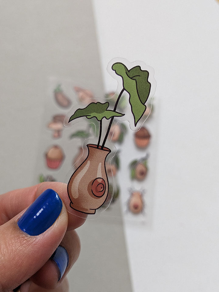 Original art sticker sheet, semi-transparent material. collection of surreal illustrations of different boobs, zoom on a boob-shaped vase by useless treasures. 
