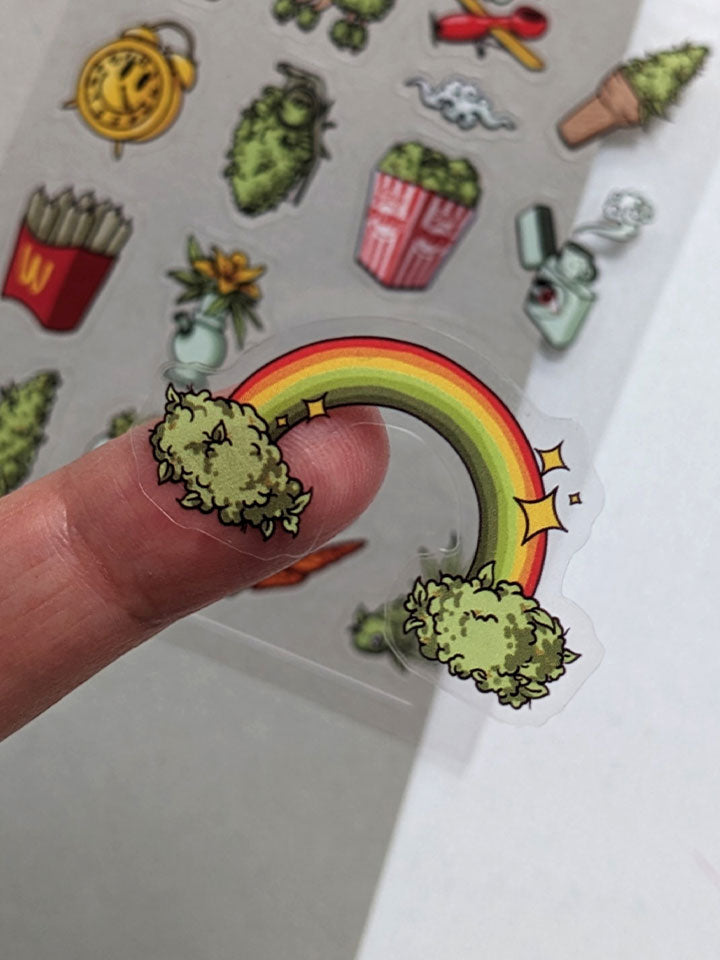 Original art sticker sheet, semi-transparent material. collection of surreal illustrations of weed, by useless treasures.