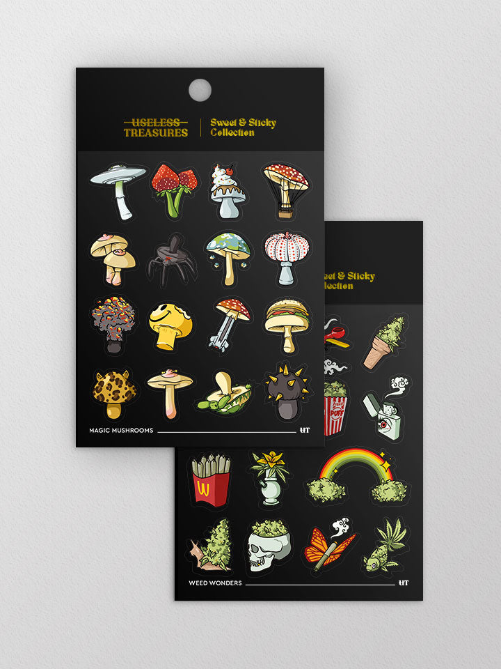 A bundle of two original art sticker sheets designed by useless treasures. black and gold packaging.
