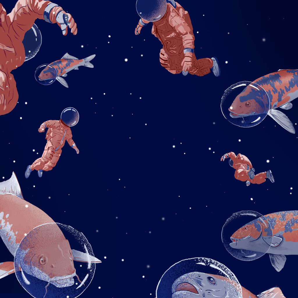 Pink astronauts are floating in space with giant koi fish with space masks. A surreal illustration by pop artist Useless Treasures. 