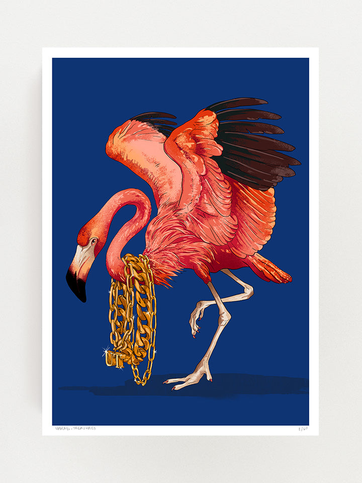 An Illustration of a pink flamingo that wears many golden neckless on his neck, on top of blue  background  - Art by useless treasures  