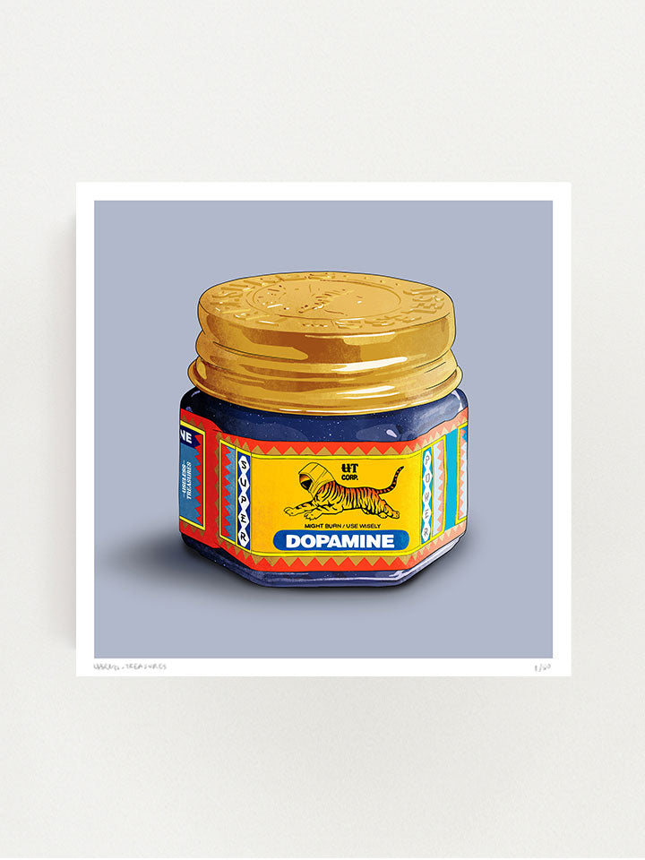 An Illustration of a tiger balm package, on the label written dopamine and the tiger image on the label wearing a space element, on top of gray background- Art by Useless Treasures. 