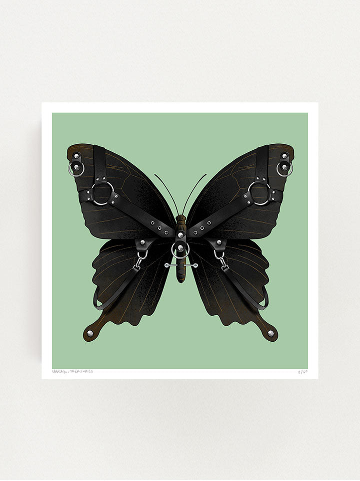 A black Butterfly illustration wearing a harness on his wings on top of a green background; his body is with piercings - Art by useless treasures.