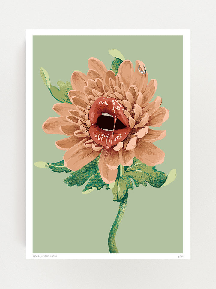An illustration of a flower with a mouth and sexy red lips with saliva in between the lips on top of the green background  - Art by useless treasures. 
