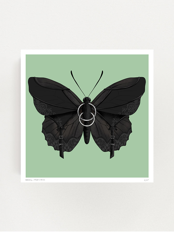 Black butterfly Illustration with black laces and piercings on top of green background - Art by useless treasures