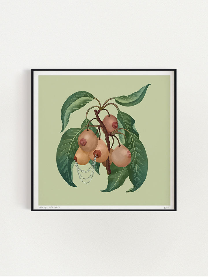 Mother Earth - Print wall art painting by Berlin-based artist Useless Treasures. Vintage-inspired botanical illustration of a cherry-shaped boobs woman's breasts with leaves and piercings. 