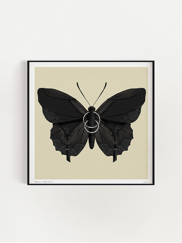 Black butterfly Illustration with black laces and piercings on top of beige background - Art by useless treasures