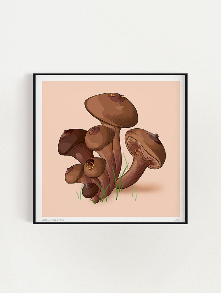 Springs - Print wall art painting by Berlin-based artist Useless Treasures. Vintage-inspired botanical illustration of a group of mushrooms with nipples and nipple piercings. 