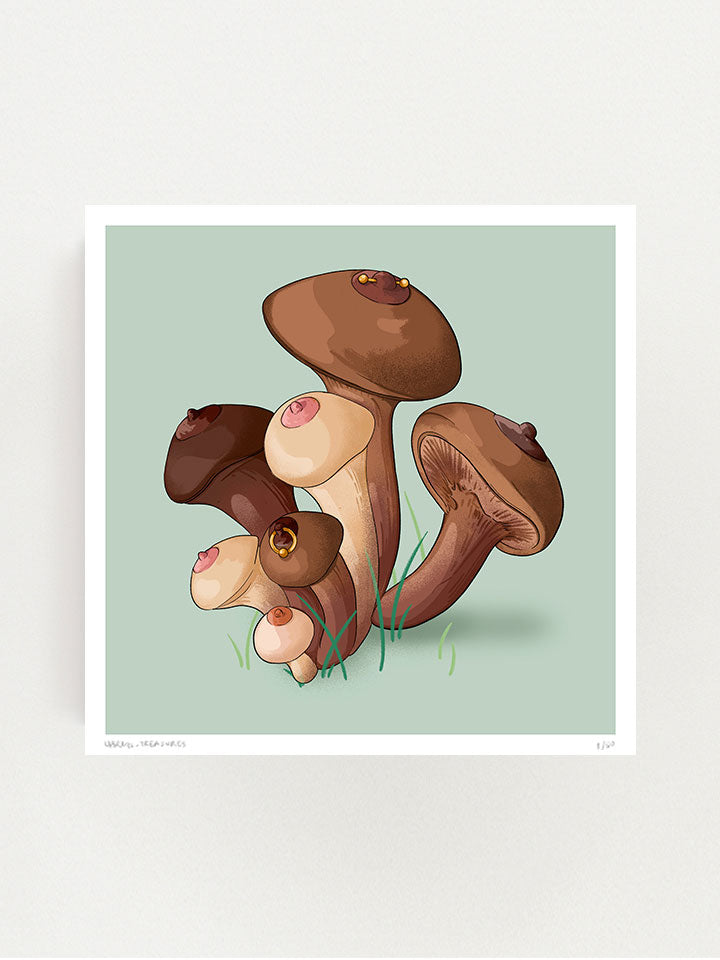 Springs - Print wall art painting by Berlin-based artist Useless Treasures. Vintage-inspired botanical illustration of a group of mushrooms with nipples and nipple piercings. 
